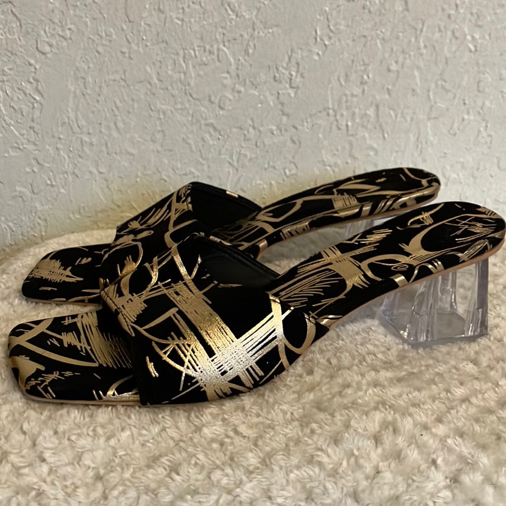 Ladies Elegant Sandal Black Velvet w/Gold Embossed Design Clear 2” Heel Slip on